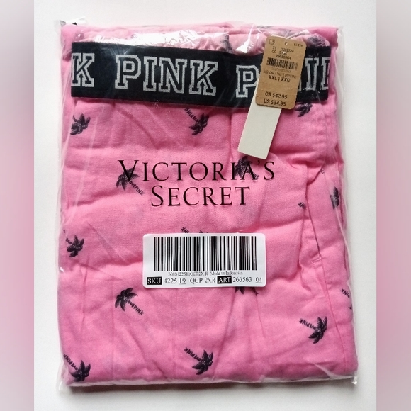 VS PINK Pink Allover Black Tropical Palm Tree Flannel Pajama Sleep Pants XXL NEW - Picture 8 of 8